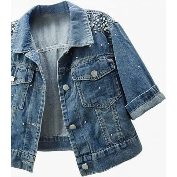 Women's Cotton Blend Cropped Denim Jacket Rhinestones Pearls 3/4 Sleeve